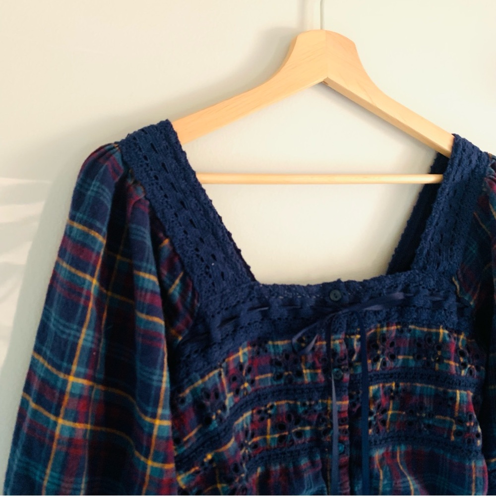 American Eagle Puff Sleeve Milk Maid Crop Top Blue Plaid Size XS Square Neckline - Picture 5 of 13